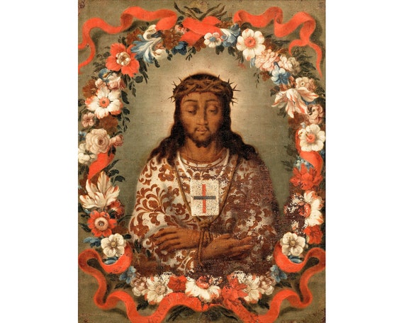 Black Jesus art print Antique religious icon Crown of thorns Christ oil painting Vintage Catholic wall art Spanish colonial painting