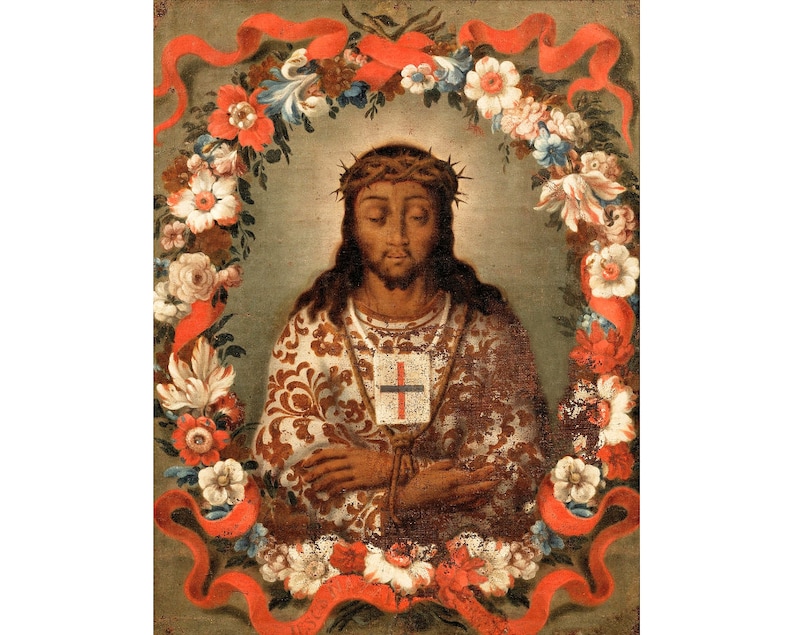 May include: A painting of a man with a crown of thorns, wearing a white robe with a red cross on his chest. He is surrounded by a wreath of flowers and red ribbons.