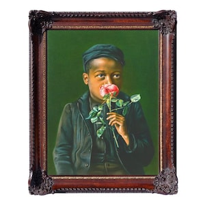 African American boy fine art print, Child smelling a rose, Black child portrait, People of color, Antique oil painting, Vintage wall art Bild 1