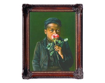 African American boy fine art print, Child smelling a rose, Black child portrait, People of color, Antique oil painting, Vintage wall art