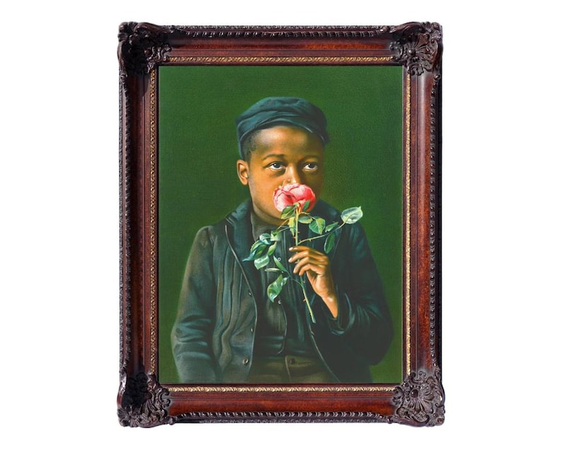 African American boy fine art print, Child smelling a rose, Black child portrait, People of color, Antique oil painting, Vintage wall art Bild 1