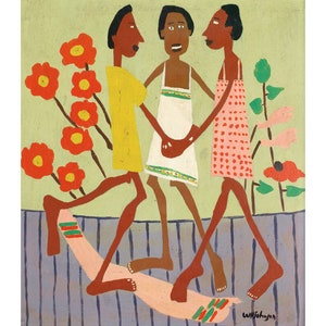 Three black girls painting, African American folk art portrait, Black children art print, William H Johnson, People of color wall art