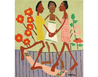 Three black girls painting, African American folk art portrait, Black children art print, William H Johnson, People of color wall art