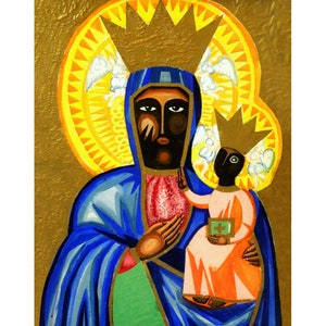 Black Virgin Mary art print, Our Lady of Czestochowa, Black Madonna painting, Black Jesus, African American folk art, Vintage Religious Icon