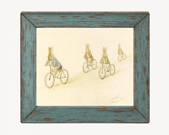 Peter Rabbit art print, Beatrix Potter illustration, Nursery art bunnies, Vintage children's book, Antique storybook art, Riding bicycles