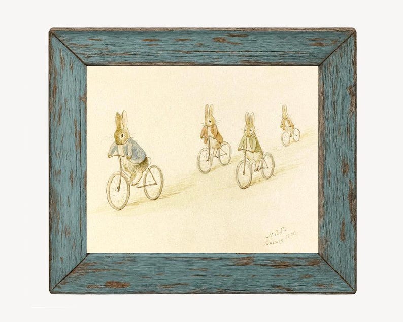 Peter Rabbit art print, Beatrix Potter illustration, Nursery art bunnies, Vintage children's book, Antique storybook art, Riding bicycles Bild 1