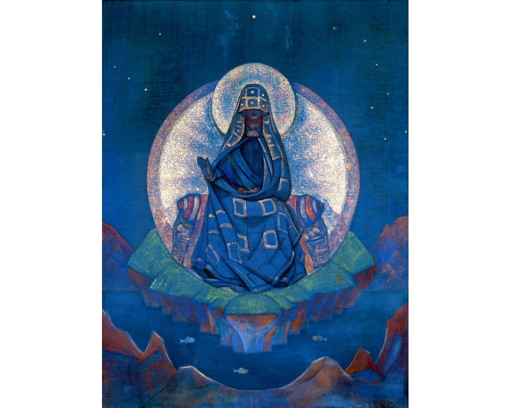 Mother of the World, Nicholas Roerich painting, Virgin Mary art print, Blue Madonna, Mother Earth, Cosmic egg, Gaia, Mystical wall art