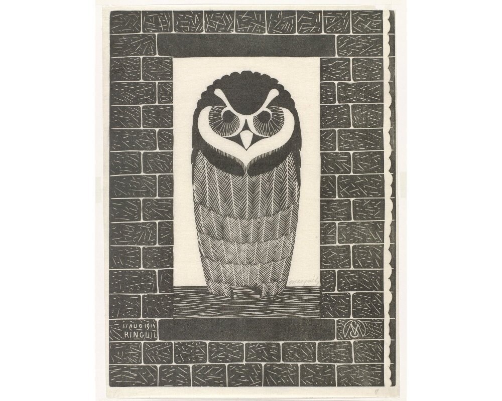 Vintage owl woodcut art print, Antique owl wall art, Craftsman style, Animal block print, Black and 