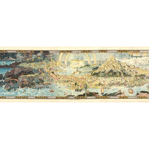 May include: A vintage illustrated map of a fantastical land with a large mountain in the center, surrounded by water and various buildings and structures. The map is in shades of blue, green, yellow, and brown, with a gold border.