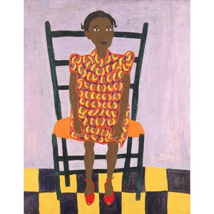 Young black girl portrait, William H Johnson art print, Little Girl in Orange, African American child folk art painting, Harlem Renaissance