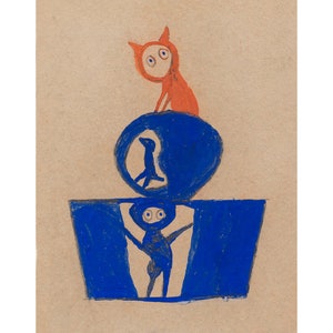 Bill Traylor art print, Blue Construction with Orange Cat drawing, Folk, Naive painting, Outsider, Self-taught, African American artist