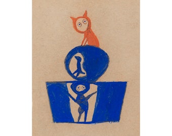 Bill Traylor art print, Blue Construction with Orange Cat drawing, Folk, Naive painting, Outsider, Self-taught, African American artist