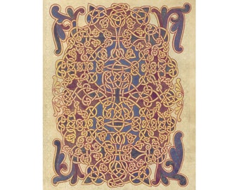 Impresión artística de manuscrito iluminado, Beato de San Severo, Página de alfombra, Nudo románico, Diseño de nudo celta, Arte mural medieval