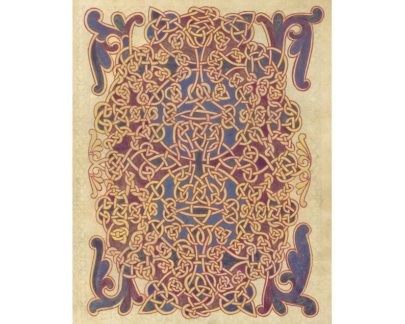 Illuminated manuscript art print, Saint-Sever Beatus, Carpet page, Romanesque knotwork, Celtic knot style design, Medieval wall art image 1