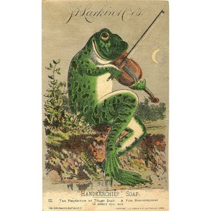 Antique frog art print, Vintage frog painting, Victorian advertisement, Bathroom art print, Frog wall art, 19th century, Fiddle, Violin