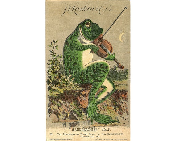 Antique frog art print, Vintage frog painting, Victorian advertisement, Bathroom art print, Frog wall art, 19th century, Fiddle, Violin
