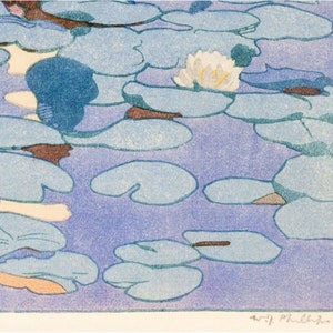 May include: A close-up of a watercolor painting depicting a pond with lily pads and a single white water lily. The water is a light blue color and the lily pads are a darker blue. The water lily has a yellow center and white petals.