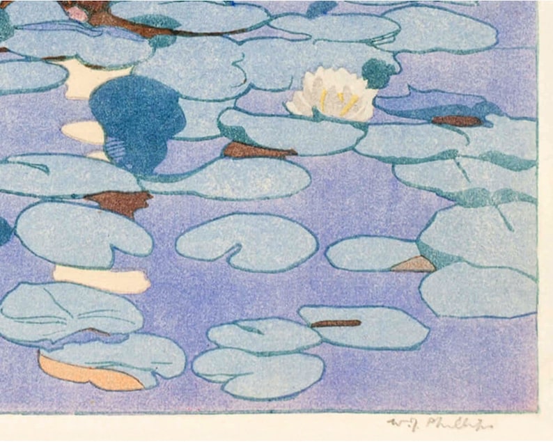 May include: A close-up of a watercolor painting depicting a pond with lily pads and a single white water lily. The water is a light blue color and the lily pads are a darker blue. The water lily has a yellow center and white petals.
