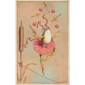 May include: A green frog wearing a pink tutu and a flower crown juggles red balls and gold swords against a light pink background.