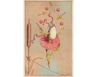 Vintage frog art print, Antique Victorian, Funny animal art, Anthropomorphic frog postcard, Kid&#39;s wall art, Circus art, Kitsch frog painting
