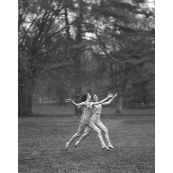 Antique photograph of two women dancing outdoors, Arnold Genthe dancers photo art print, Best friends gift, Nature goddesses, Forest nymphs