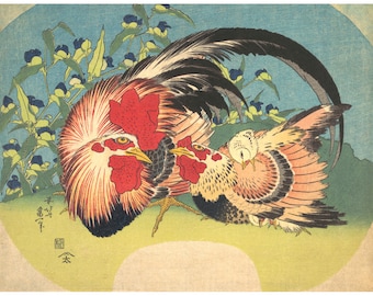 May include: A woodblock print depicting a rooster and a hen. The rooster is red, black, and white with a large, red comb. The hen is pink, black, and white. Both birds are standing on a green background with blue flowers.