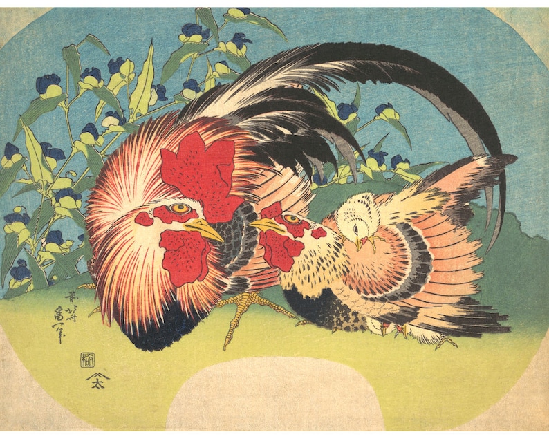 May include: A woodblock print depicting a rooster and a hen. The rooster is red, black, and white with a large, red comb. The hen is pink, black, and white. Both birds are standing on a green background with blue flowers.
