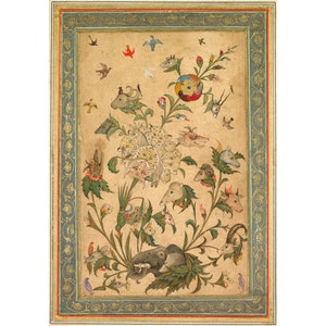 Puede incluir: Una ilustración caprichosa de un árbol estilizado con cabezas de animales que crecen de sus ramas. El árbol está rodeado por un borde de motivos florales y pájaros. Las cabezas están pintadas en una variedad de colores, incluyendo rojo, azul, verde y amarillo.