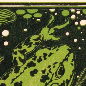 May include: Close-up of a green frog with black spots, swimming in a dark green pond with white bubbles. The frog's arm is raised above its head.
