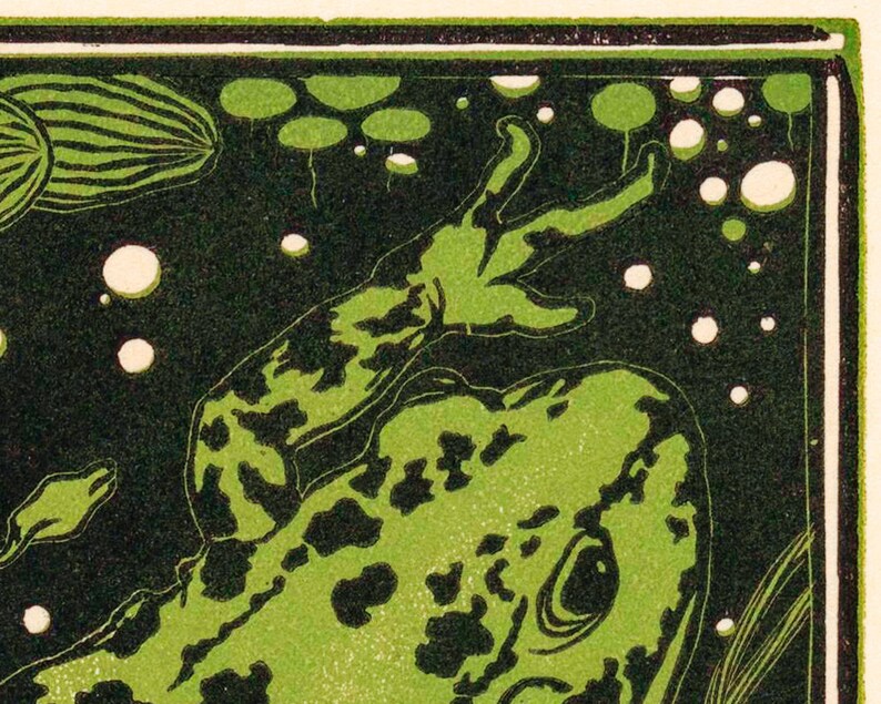May include: Close-up of a green frog with black spots, swimming in a dark green pond with white bubbles. The frog's arm is raised above its head.