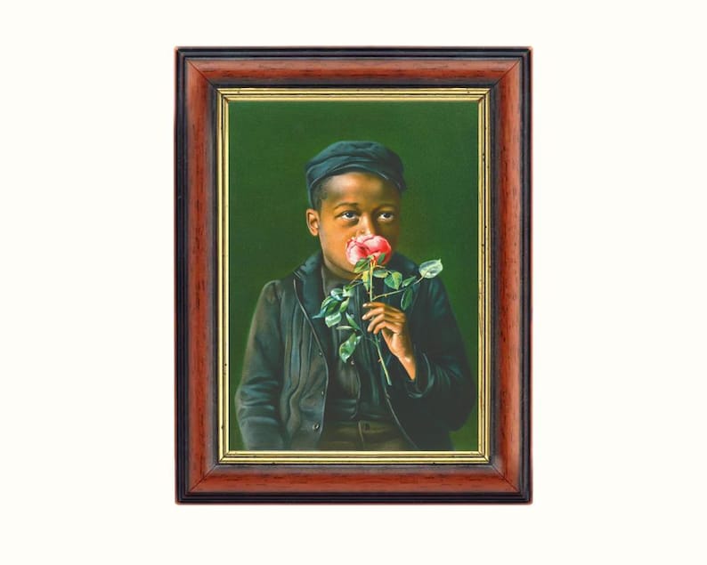 African American boy fine art print, Child smelling a rose, Black child portrait, People of color, Antique oil painting, Vintage wall art Bild 13