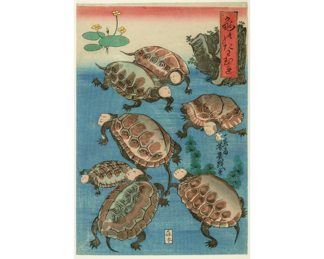 ★Original ART ‘Turtle’ Turtle Games by Utagawa Yoshiiku Art Print, Japanese Turtle