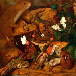 K&ouml;nnte beinhalten: Ein Stillleben mit einem Eichh&ouml;rnchen, einem Eidechsen, Pilzen, Schmetterlingen und einem Frosch. Das Gem&auml;lde ist in einem realistischen Stil mit satten Farben und Texturen ausgef&uuml;hrt.