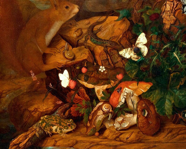 K&ouml;nnte beinhalten: Ein Stillleben mit einem Eichh&ouml;rnchen, einem Eidechsen, Pilzen, Schmetterlingen und einem Frosch. Das Gem&auml;lde ist in einem realistischen Stil mit satten Farben und Texturen ausgef&uuml;hrt.