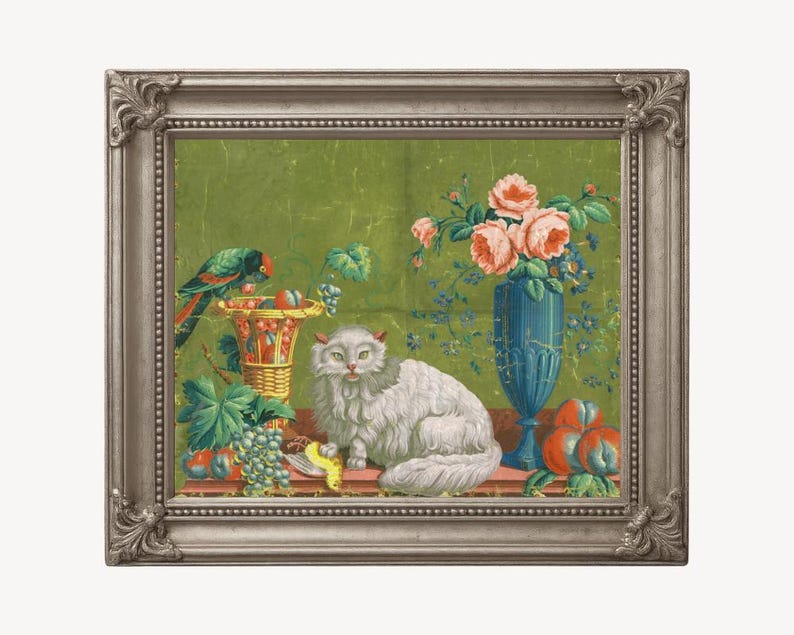 Antique Cat Painting Art Print, Vintage Cat Wall Art, Long Haired White ...