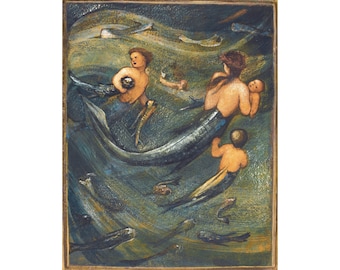 Mermaid Family art print, Vintage mermaid painting, Antique mermaid wall art, Sir Edward Coley Burne-Jones, Bathroom art print, Nautical art