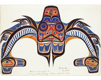 Impresión de arte tribal antiguo, diseño de pez perro, pintura de nativos americanos de la costa noroeste del Pacífico, arte mural de los indios haida, Johnny Kit Elswa
