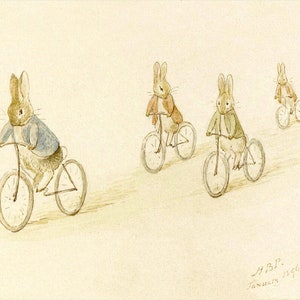 Peter Rabbit art print, Beatrix Potter illustration, Nursery art bunnies, Vintage children&#39;s book, Antique storybook art, Riding bicycles