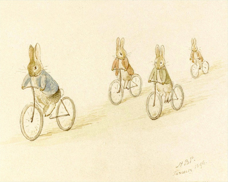 K&ouml;nnte beinhalten: Eine Aquarellillustration von vier Kaninchen, die Fahrrad fahren. Die Kaninchen tragen Jacken und fahren einen Weg entlang. Die Illustration ist signiert mit "H.B.P. Januar 1996."