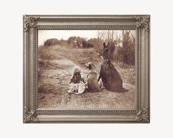 Friends, Antique animal photography art print, Little girl, dog, and mule, Vintage animals photo, Pets wall art, Farm, Sepia photograph