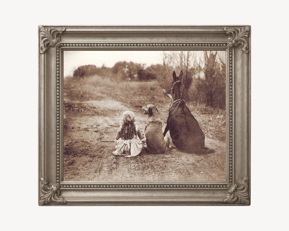 antique picture ❀* 女の子とワンちゃんのいる 版画プリント Antique
