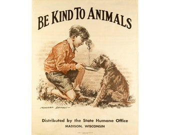 Boy and Dog art print, Be Kind to Animals poster, Animal lover gift, Schnauzer dog wall art, Animal welfare art print, Retro dog painting