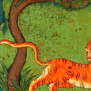 May include: A close-up of a tiger painted on a green background. The tiger is orange and black with white stripes. The tiger is lying down with its head turned to the right. The tiger's eyes are closed and its mouth is open.