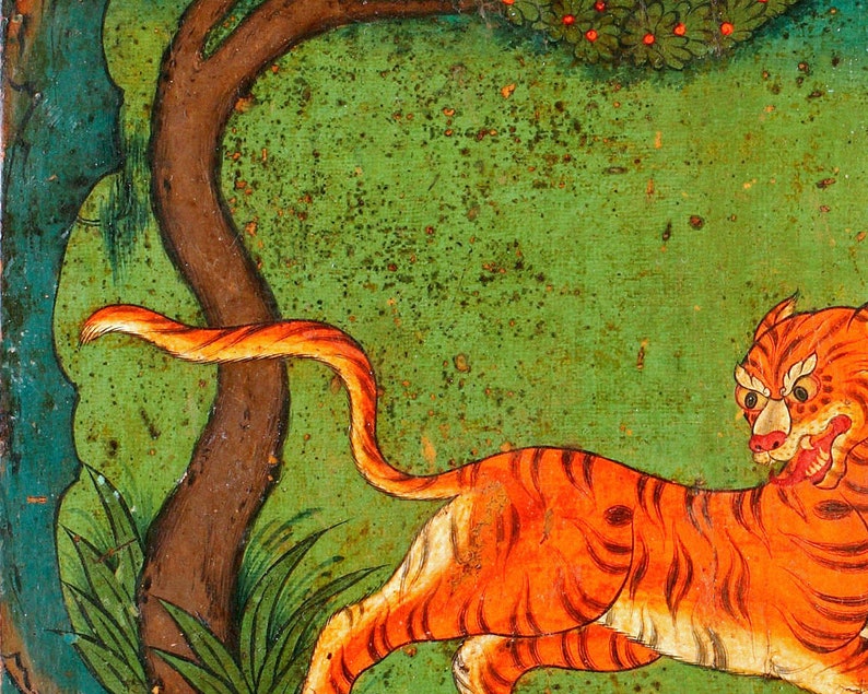 May include: A close-up of a tiger painted on a green background. The tiger is orange and black with white stripes. The tiger is lying down with its head turned to the right. The tiger's eyes are closed and its mouth is open.