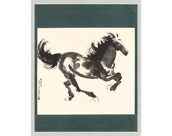 Xu Beihong Running Horse art print, Antique Chinese watercolor brushstroke painting, Black Stallion galloping, Wild horses wall art