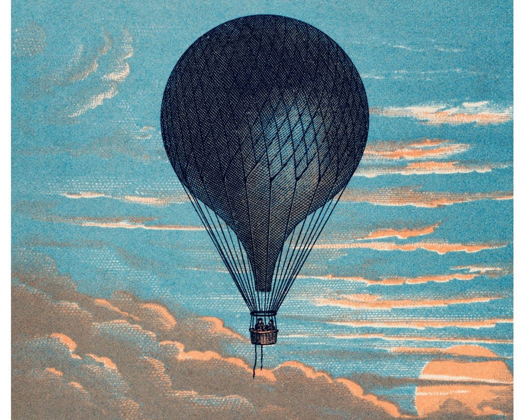 Vintage French Hot Air Balloon Art Print, Antique Victorian Art