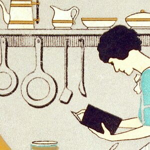 May include: A woman in a blue and white dress reads a cookbook in a kitchen. The kitchen has a shelf with a coffee pot, a creamer, and bowls. There are also several kitchen utensils hanging on hooks.