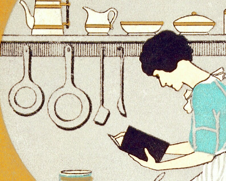 May include: A woman in a blue and white dress reads a cookbook in a kitchen. The kitchen has a shelf with a coffee pot, a creamer, and bowls. There are also several kitchen utensils hanging on hooks.
