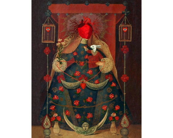 Queen of Hearts, Surreal Collage Art Print, Anatomical Heart
