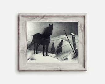 Vintage horse art print, Grant Wood, Black horses, Antique animal wall art, Farmhouse decor, Southern Gothic, Winter, Snow, Farm, Pastoral
